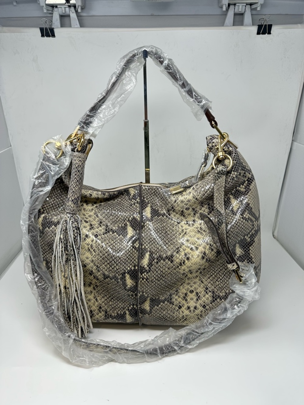 NEW G.I.L.I. GILI Milano Double Zip Exotic Leather Hobo Bag Purse Snake Grey - Picture 2 of 15
